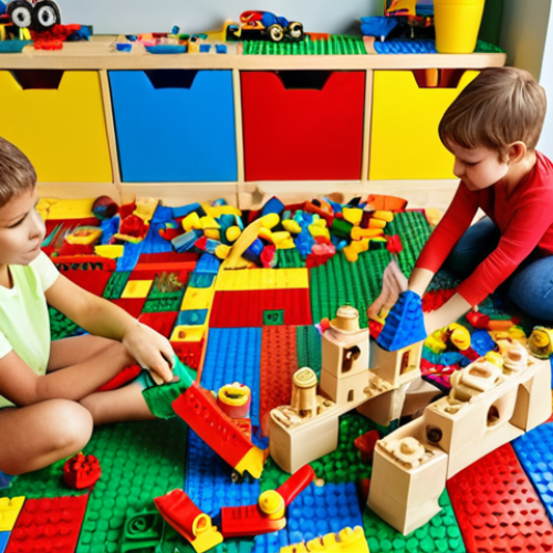 A vibrant scene of children engaged in role-playing and construction play using LEGOs and wooden blocks, fostering social skills, imagination, and problem-solving, set in a colorful and stimulating playroom.