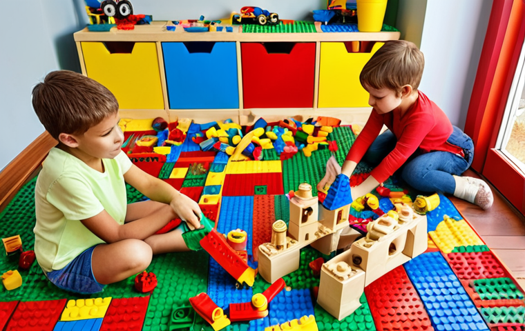 A vibrant scene of children engaged in role-playing and construction play using LEGOs and wooden blocks, fostering social skills, imagination, and problem-solving, set in a colorful and stimulating playroom.