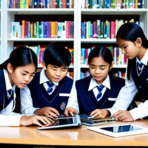 Home 18 Youth Learning with Technology**
"A group of Thai teenagers collaboratively using tablets and laptops in a modern library setting, fully clothed in school uniforms, appropriate attire, safe for work, perfect anatomy, correct proportions, professional digital art, high quality, showcasing digital literacy and teamwork, family-friendly atmosphere."
**