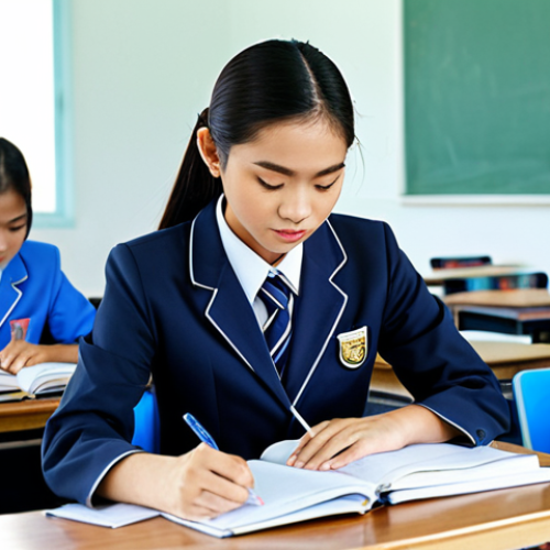 Home 3 청소년지도사와 청소년 커리어 상담 사례 - ** A professional Thai student in a modest school uniform, studying diligently at a desk in a bright...