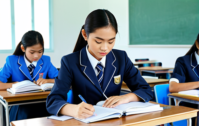청소년지도사와 청소년 커리어 상담 사례 - ** A professional Thai student in a modest school uniform, studying diligently at a desk in a bright...