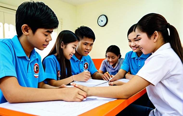 청소년지도사와 청소년 커리어 상담 사례 - ** A professional Thai student in a modest school uniform, studying diligently at a desk in a bright...